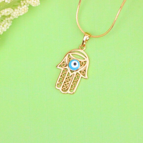 "Rose Gold Hamsa Hand Pendant with Blue Evil Eye and Filigree Design, XPPT1483 - Picture 12 of 12